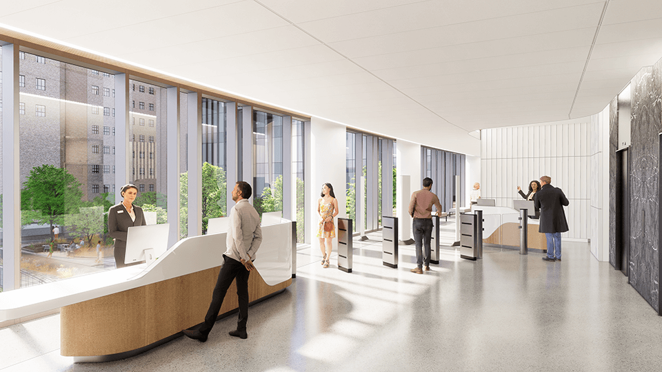 An interior rendering of the UPMC Presbyterian expansion sky lobby's southern security checkpoint.
